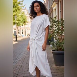 VONDA White Asymmetrical Draped Maxi Top Dress • Size L • Minimalist Flowy Tunic